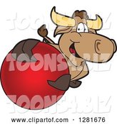 Vector Illustration of a Cartoon School Bull Mascot Holding up or Catching a Red Ball by Mascot Junction