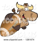 Vector Illustration of a Cartoon School Bull Mascot Holding up or Catching an American Football by Mascot Junction