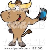 Vector Illustration of a Cartoon School Bull Mascot Standing and Holding a Smart Cell Phone by Mascot Junction