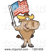 Vector Illustration of a Cartoon School Bull Mascot Standing and Holding an American Flag by Mascot Junction