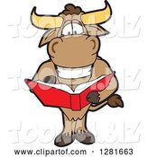 Vector Illustration of a Cartoon School Bull Mascot Standing and Reading a Book by Mascot Junction