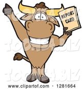 Vector Illustration of a Cartoon School Bull Mascot Standing, Cheering and Holding a Report Card by Mascot Junction