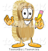 Vector Illustration of a Cartoon Scrub Brush Mascot Holding a Pencil by Mascot Junction