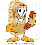 Vector Illustration of a Cartoon Scrub Brush Mascot Holding and Pointing to a Red Phone by Mascot Junction