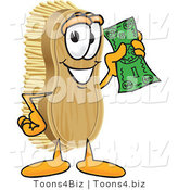 Vector Illustration of a Cartoon Scrub Brush Mascot Waving Cash in the Air by Mascot Junction