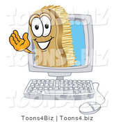 Vector Illustration of a Cartoon Scrub Brush Mascot Waving from Inside a Computer Screen by Mascot Junction