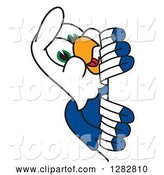 Vector Illustration of a Cartoon Seahawk Mascot Smiling Around a Sign by Mascot Junction