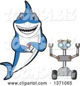 Vector Illustration of a Cartoon Shark School Mascot Controlling a Robot by Mascot Junction