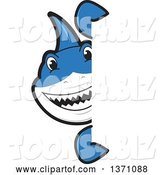 Vector Illustration of a Cartoon Shark School Mascot Looking Around a Sign by Mascot Junction