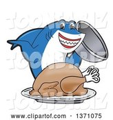 Vector Illustration of a Cartoon Shark School Mascot Serving a Roasted Thanksgiving Turkey by Mascot Junction