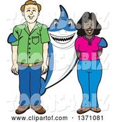 Vector Illustration of a Cartoon Shark School Mascot Standing with Student Parents by Mascot Junction