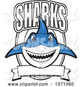 Vector Illustration of a Cartoon Shark School Mascot with Text over a Blank Banner and Shield by Mascot Junction