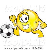 Vector Illustration of a Cartoon Smiley Mascot Playing Soccer by Mascot Junction