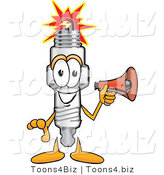 Vector Illustration of a Cartoon Spark Plug Mascot Holding a Red Megaphone Bullhorn by Mascot Junction