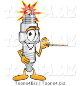 Vector Illustration of a Cartoon Spark Plug Mascot Using a Pointer Stick to Point to the Right by Mascot Junction