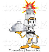 Vector Illustration of a Cartoon Spark Plug Mascot Waiting Tables and Serving a Dinner Platter by Mascot Junction