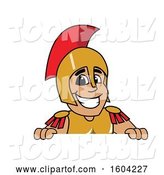 Vector Illustration of a Cartoon Spartan Warrior Mascot over a Sign by Mascot Junction