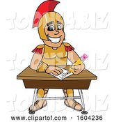Vector Illustration of a Cartoon Spartan Warrior Mascot Writing at a Desk by Mascot Junction