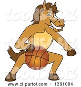 Vector Illustration of a Cartoon Stallion School Mascot Dribbling a Basketball by Mascot Junction