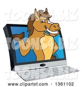 Vector Illustration of a Cartoon Stallion School Mascot Emerging from a Desktop Computer by Mascot Junction