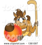 Vector Illustration of a Cartoon Stallion School Mascot Holding a Stick and Grabbing a Field Hockey Ball by Mascot Junction