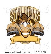 Vector Illustration of a Cartoon Stallion School Mascot Leaping out of a Shield with a Blank Banner and Text by Mascot Junction