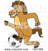 Vector Illustration of a Cartoon Stallion School Mascot Playing Soccer by Mascot Junction