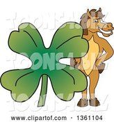 Vector Illustration of a Cartoon Stallion School Mascot Posing with a Giant Lucky Four Leaf St Patricks Day Clover by Mascot Junction