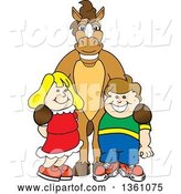 Vector Illustration of a Cartoon Stallion School Mascot Posing with Students by Mascot Junction