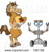 Vector Illustration of a Cartoon Stallion School Mascot Student Operating a Robot by Mascot Junction