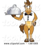 Vector Illustration of a Cartoon Stallion School Mascot Waiter Holding a Cloche Platter by Mascot Junction