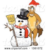 Vector Illustration of a Cartoon Stallion School Mascot Wearing a Santa Hat by a Christmas Snowman by Mascot Junction