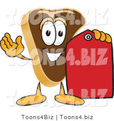Vector Illustration of a Cartoon Steak Mascot Holding a Blank Red Sales Price Tag by Mascot Junction