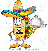 Vector Illustration of a Cartoon Taco Mascot Dressed As a Waiter and Holding a Serving Platter by Mascot Junction