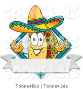 Vector Illustration of a Cartoon Taco Mascot over a Blank White Banner on a Label by Mascot Junction