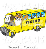 Vector Illustration of a Cartoon Tiger Mascot Driving a Bus by Mascot Junction