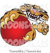 Vector Illustration of a Cartoon Tiger Mascot Grabbing a Red Ball by Mascot Junction