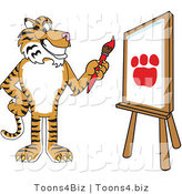 Vector Illustration of a Cartoon Tiger Mascot Painting a Canvas by Mascot Junction