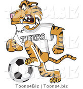 Vector Illustration of a Cartoon Tiger Mascot Playing Soccer by Mascot Junction