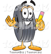 Vector Illustration of a Cartoon Tire Mascot Holding a Pencil by Mascot Junction