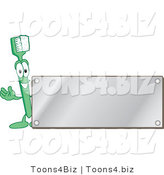 Vector Illustration of a Cartoon Toothbrush Logo Mascot with a Blank Silver Plaque by Mascot Junction
