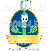 Vector Illustration of a Cartoon Toothbrush Logo Mascot with a Gold Banner on a Blue Oval by Mascot Junction