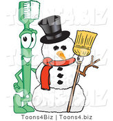 Vector Illustration of a Cartoon Toothbrush Mascot by a Snowman by Mascot Junction