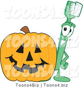 Vector Illustration of a Cartoon Toothbrush Mascot with a Halloween Pumpkin by Mascot Junction