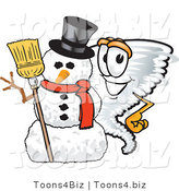 Vector Illustration of a Cartoon Tornado Mascot Standing by a Snowman by Mascot Junction