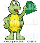 Vector Illustration of a Cartoon Turtle Mascot Holding Cash Money by Mascot Junction