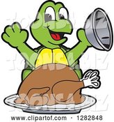 Vector Illustration of a Cartoon Turtle Mascot Serving a Roasted Thanksgiving Turkey by Mascot Junction