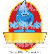 Vector Illustration of a Cartoon Water Drop Mascot Logo with a Red Oval and a Blank Gold Banner by Mascot Junction