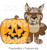 Vector Illustration of a Cartoon Wolf Mascot by a Halloween Pumpkin by Mascot Junction