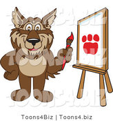 Vector Illustration of a Cartoon Wolf Mascot Painting a Paw Print on Canvas by Mascot Junction